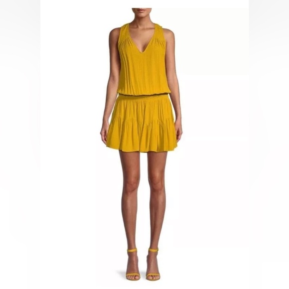 Ramy Brook Golden Yellow Textured Perry Mini Blouson Sleeveless Dress Sz L - Picture 1 of 7